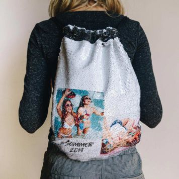 Personalisierbarer Pailletten Turnbeutel mit 2 Bildern und Text - Design